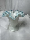 Fenton Style Blue Crest Ruffled Vase White Milk Glass Opalescent Edge 4” Tall
