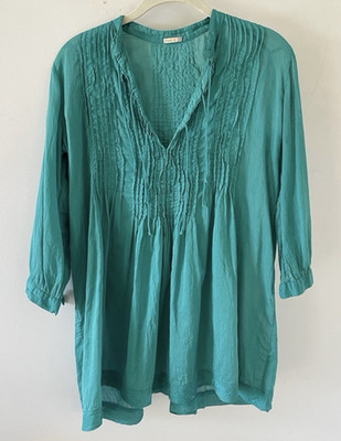Matta Women's XS Green Cotton V-Neck Pleated 3/4 Sleeve Tunic Blouse