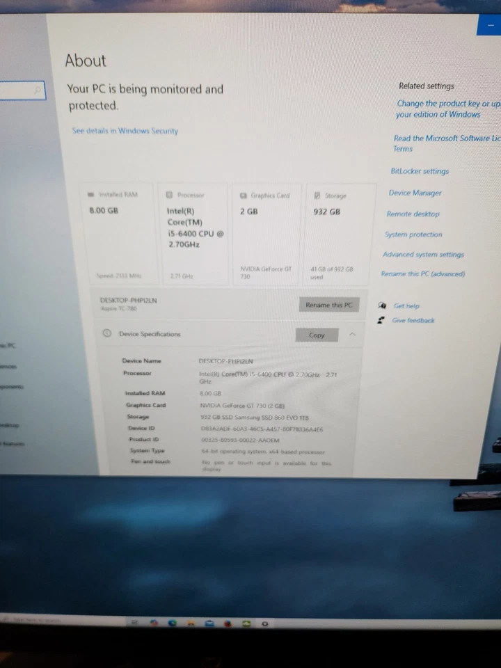 Acer Aspire PC TC-780 i5-6400 8GB RAM nVida GT 730 1TB Samsung Evo SSD Windows  - Image 2 of 4