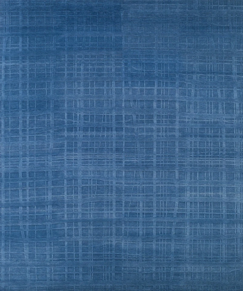 Alfombra de sala de estar moderna geométrica azul 8x10 acolchada a mano de lana alfombra de pelo alto-bajo Foto 2 de 4