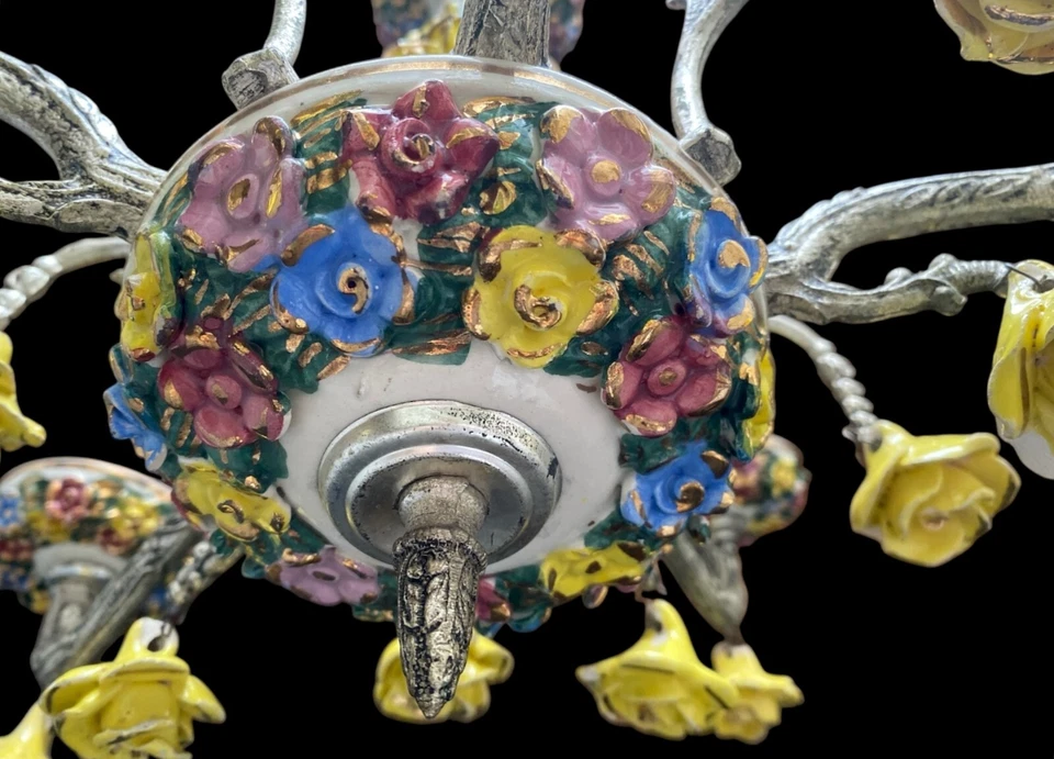 Lustre vintage en porcelaine et laiton, 5 lumières, décoré de fleurs - élégance - Photo 4/4