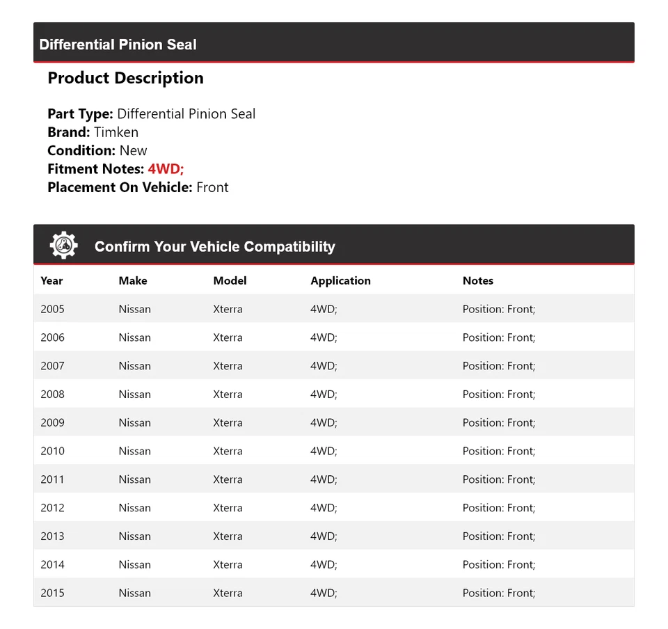 Sello de piñón diferencial delantero Timken 2006 2007 para Nissan Xterra 2005-2015 4x4 Foto 2 de 4