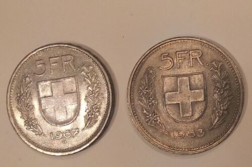 Two (2) Switzerland Five Franc Coins 1967B and 1983