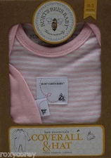 Burt's Bees Baby Pink & White Striped Coverall & Hat Set Size 0-3 months NIB