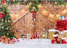 7x5FT Christmas Barn Wood Door Photography Backdrop Xmas Tree Snow Gift Wall