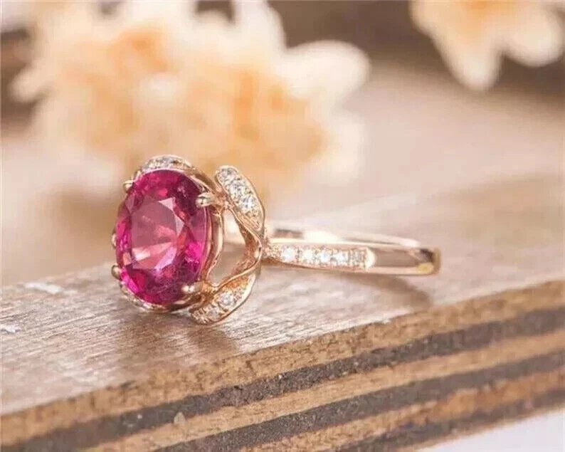 Oval Cut Simulated Pink Ruby Stunning Wedding Band Ring In 14k Rose Gold Plated - Image 4 of 4