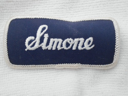 SIMONE USED EMBROIDERED  SEW ON NAME PATCH TAGS  WHITE ON DARK BLUE