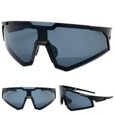 OVERSIZED SPORTS WRAP Biker Cycling Shield SUN GLASSES Big Black Frame Dark Lens