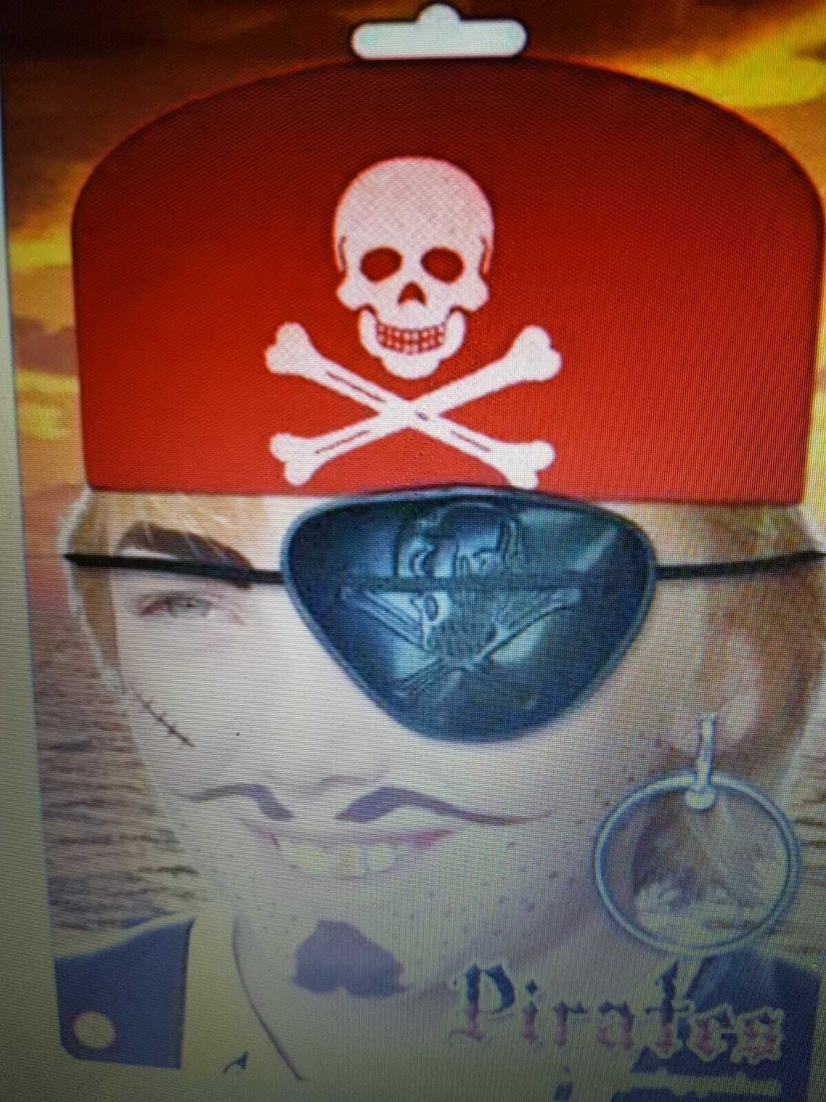 Kids Pirate Red Bandana Eye Patch & Earring Fancy Dress Costume Play Set