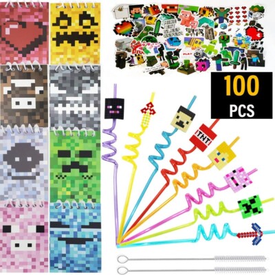 Kids Party Pk, Pixel Video Game, 24 Straws, 2 Brushes, 50 Stickers, 24 Notepads