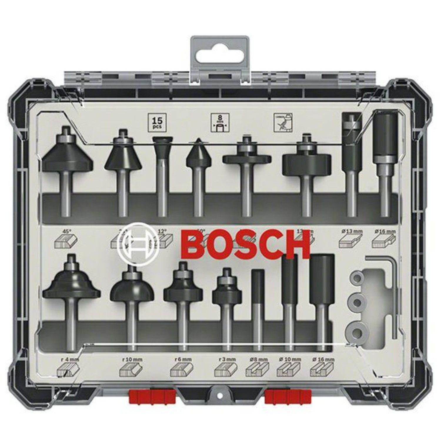 Coffret 15 fraises Bosch 6mm avec taillants carbure haute précision
