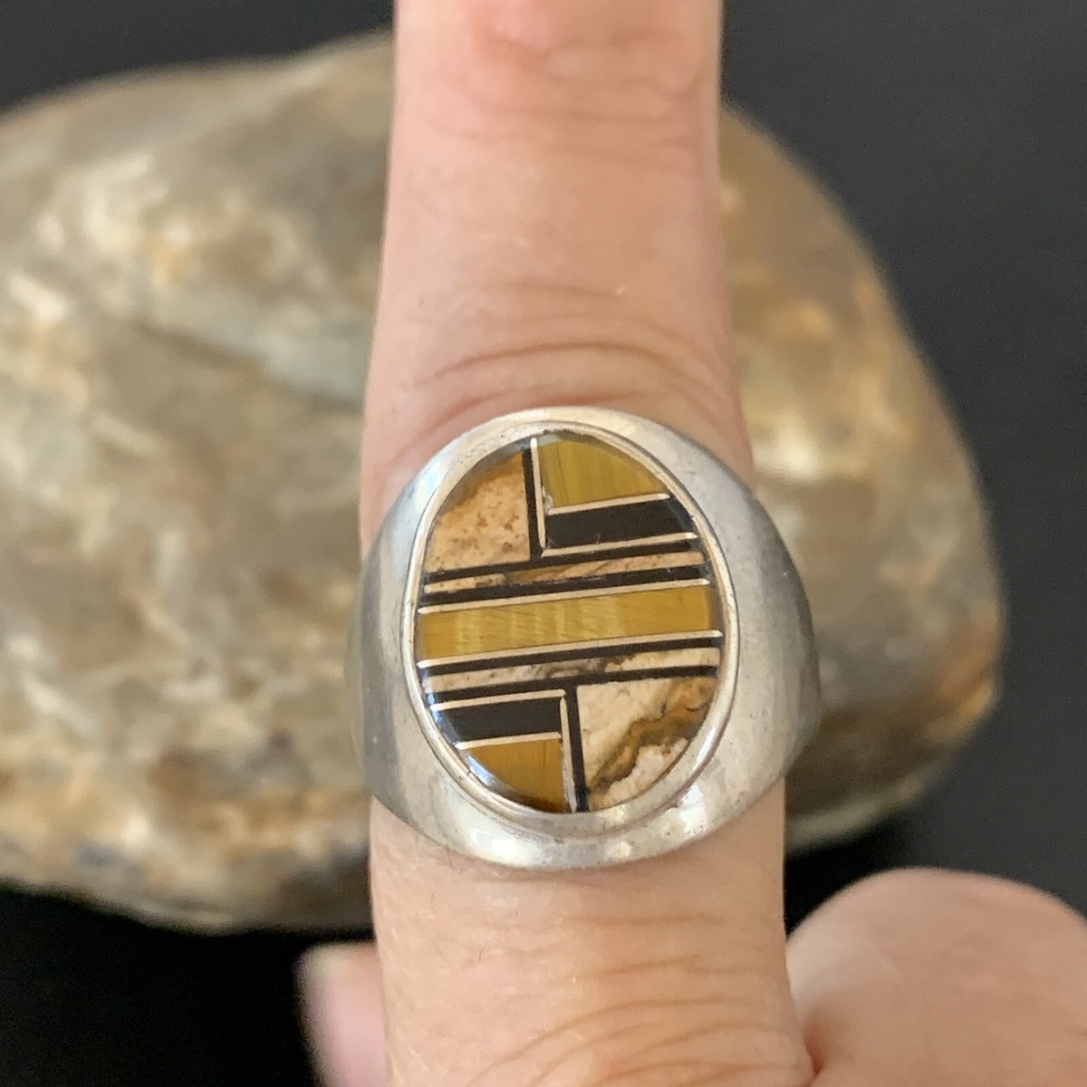 Mens Navajo Black Onyx Coffee Tigers Eye Inlay Sterling Mens Navajo Black Onyx Coffee Tigers Eye Inlay Sterling