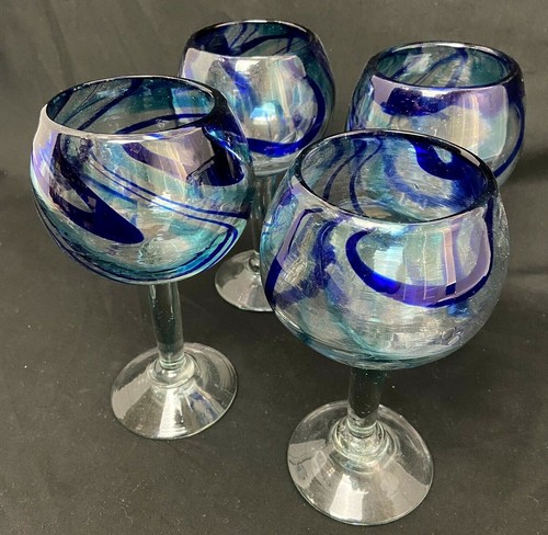 Juego de 4 gafas de margarita mexicana de remolino azul grueso sopladas a mano 7 3/4" de alto - Imagen 6 de 12
