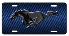 MUSTANG Inspired art on simulated Blue carbon fiber  aluminum license plate