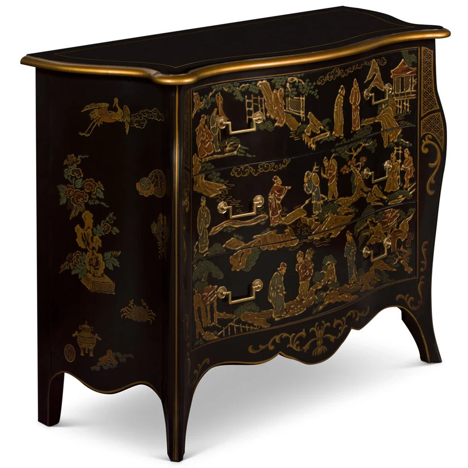 VENDEDOR DE EE. UU. - Gabinete oriental chinoiserie victoriano pintado a mano, tres cajones Foto 4 de 4