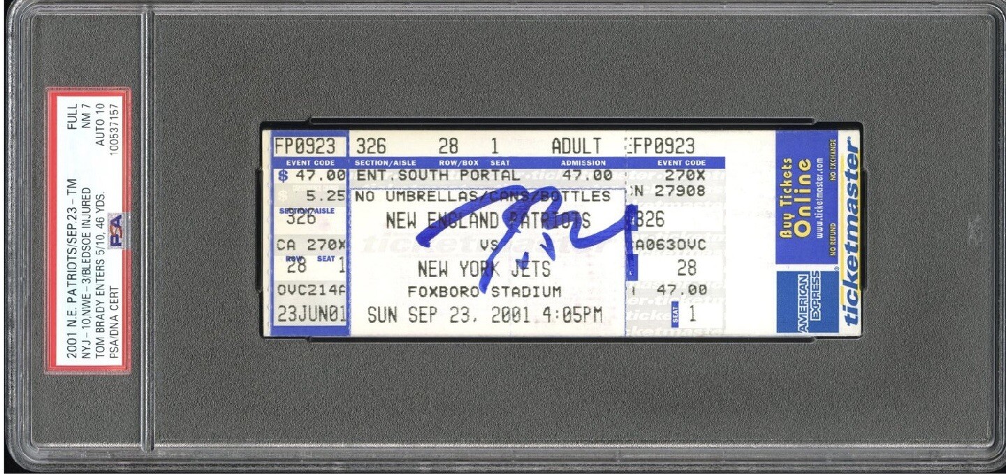 Tom Brady Autographed Signed New England Patriots 2001 PSA Full Ticket Mo Lewis GM PSA 8/10 Auto POP 1 Bledsoe 