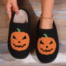 2 Pairs of Cartoon Pumpkin Warm Home Slippers, Round Toe Soft Sole 