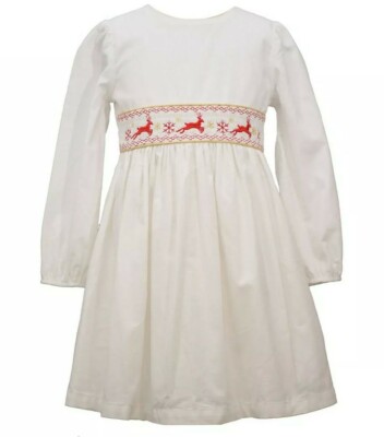 Bonnie Jean Little Girl's Smocked Reindeer Fit Flare Dress-Size-6 or 6X 