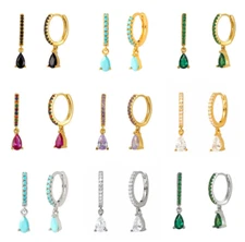 Women 925 Silver Plated Dangle Waterdrop CZ Round Huggie Hoop 12mm Earrings K34A