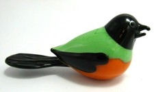 Cute Fused Art Glass Black Orange Green Bird Figurine 4" L - 2" H