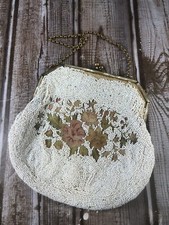 Micro Beaded Purse Gold Frame with Chain Handle Embroidered Antique