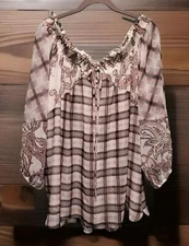 New Loft Pink Gray Multi Pattern Chiffon Peasant Top Sz XL