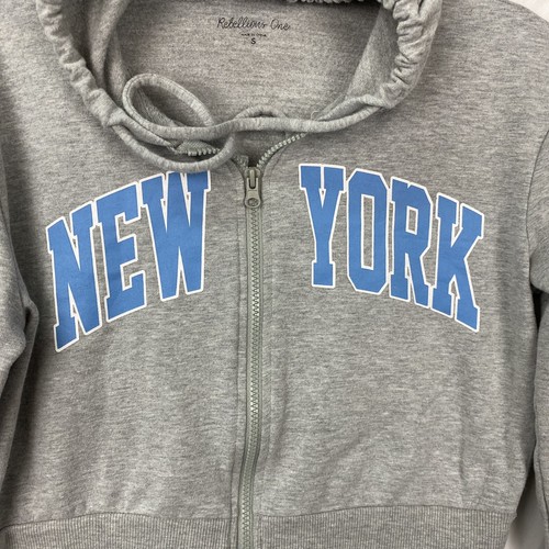 Rebellious One Women Cropped Zip Hoodie NEW YORK Gray Small Light Blue Spell Out - Picture 2 of 7