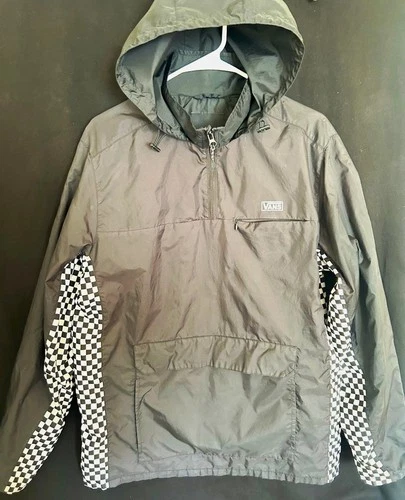 VANS Off The Wall Men's Black Hooded Zip Anorak Jacket Check Sleeves m - product listing photo