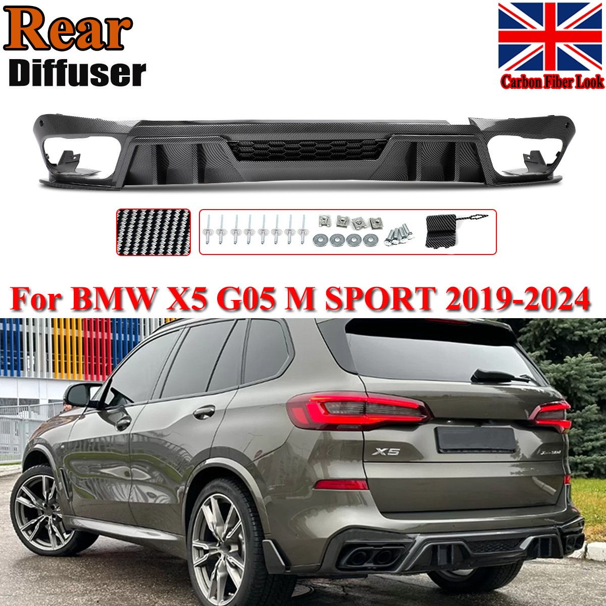 Rear Competition Diffuser Lip Carbon Fiber Look For BMW X5 G05 M Sport 2019-2024