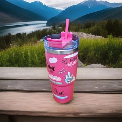 HOT PINK Nails Motiv Becher Becher Tasse mit Strohhalm 650 ml Edelstahl. NEU