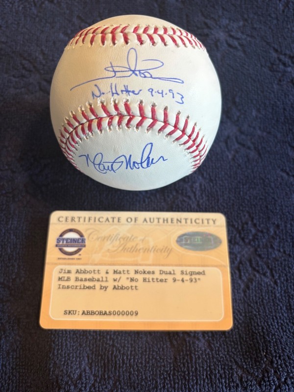 Jim Abbott/Matt Nokes "No Hitter  9/4/93" Signed OML Baseball w/COA Steiner