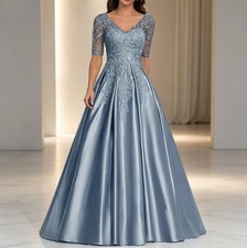 V-neck Stain Lace Appliques Evening Dresses Party Prom Gowns Half Sleeves Custom