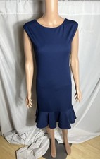 Halston Navy Ruffle Hem Midi Dress Cap Sleeve Back Zip Elegant S NWT