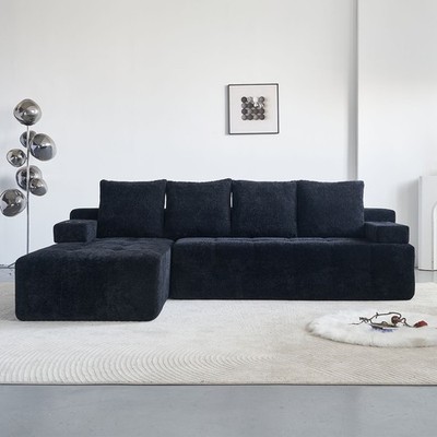 Modern L-Shaped Sectional Sofa with Chaise, USB, Wireless Charging, Black
