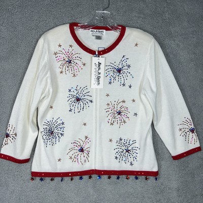 NEW Vtg Jack B Quick Cardigan Sweater Large Women s Patriotic USA Fireworks