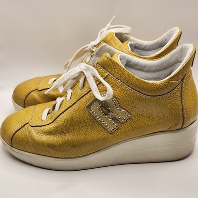 RUCO LINE Italy Women s Yellow Leather Wedge Sneakers Platform Shoes 38 7.5 8