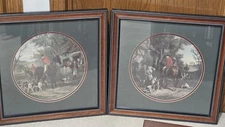 2 Vintage 19"x19"  English Hunting Prints Matching Wood Frames Horse Dogs  /C/ 