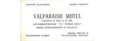 Valparaiso Motel Indiana US 30 Business Card 1960s Esther Claussen Jessie Martin