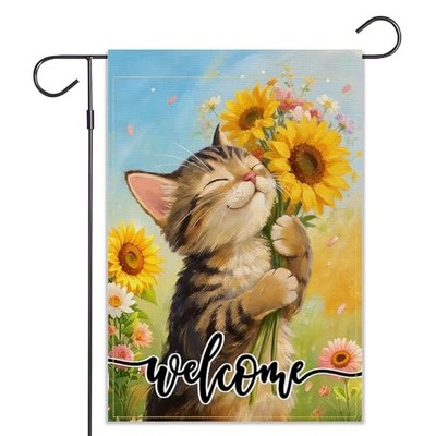 Hello Summer Garden Flag Double Sided Seasonal Sunflower 18''L x 12''W Cute Cat