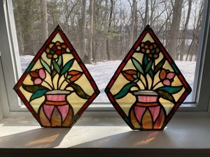 Pair of Exquisite Antique Slag Glass Pentagon Floral Potted Hangings