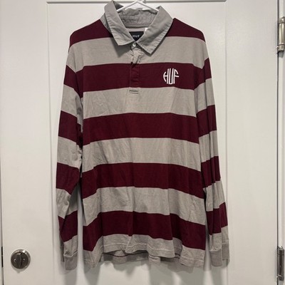 HUF Mens Striped Rugby Polo Shirt Burgundy Grey Long Sleeve Logo Size L