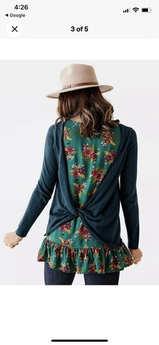 Matilda Jane Twist and Shout Sweater Small Tunic Navy Floral Back Ruffle Hem - Picture 3 of 10