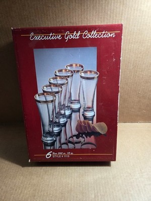 Glass Pilsner 12 oz. Vintage, Mid Century Pasabahce Circle 24k Gold Rim Set Of 6