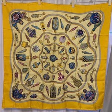 Hermes Vintage Silk Carre 90 Scarf Qu importe le flacon Perfume Bottle Yellow