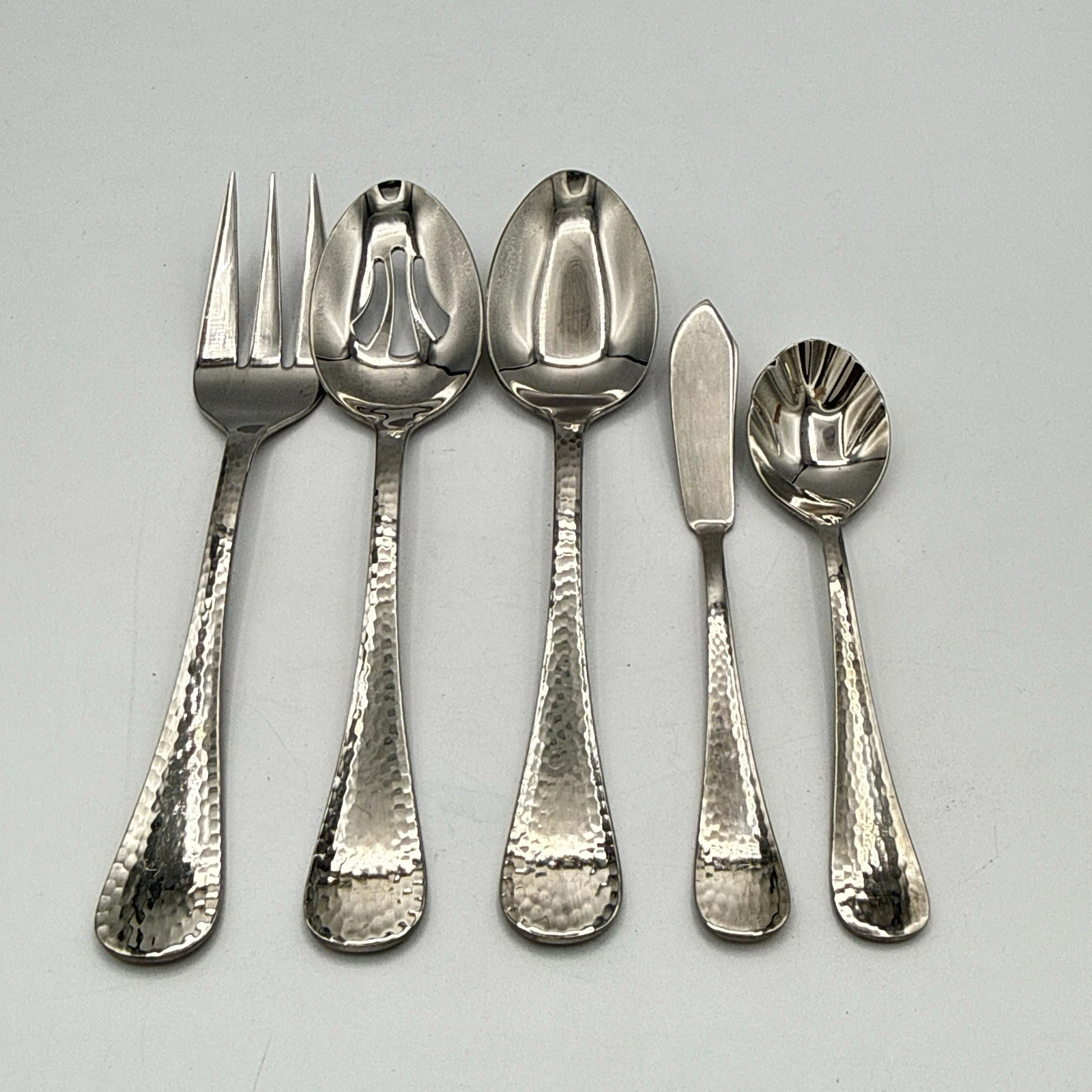 Reed Barton Stainless Olde English Hammered 5Pc Serving Set Fork Spoon Knife