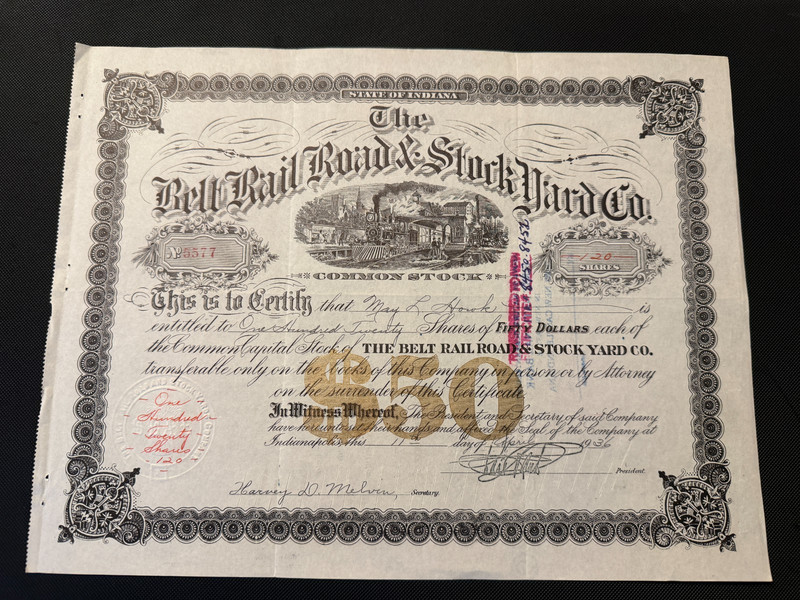 1936 BELT RAIL ROAD & STOCKYARD COMPANY Stock Certificate Indianapolis Chicago
