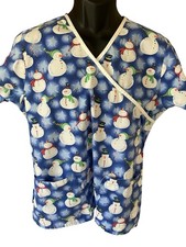 Scrub Express Scrub Top Women's Small Snowmen Winter Blue White Trim V-Neck