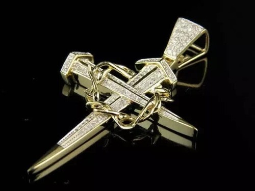 2.40 Ct Round Lab-Created Diamond Men's Cross Pendant 14K Yellow Gold Plated - Picture 3 of 4