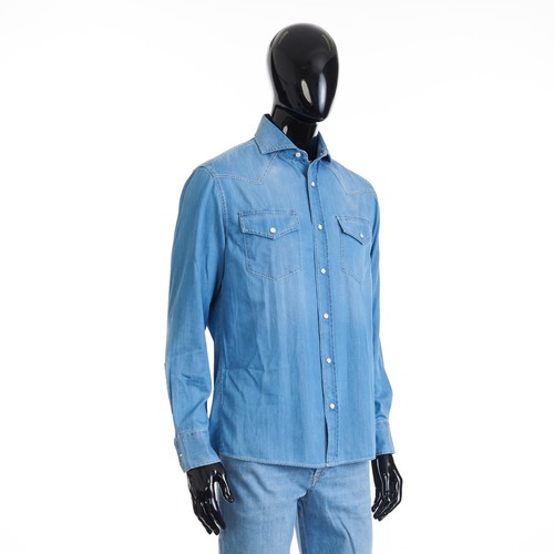 BRUNELLO CUCINELLI 1150$ Easy Fit Blue Western Shirt - Lightweight Denim - 第 8/14 張圖片