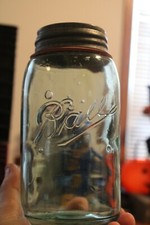 Antique 1qt Bright Teal, Ball Triple L, Mason Jar, AMBER STREAKS, Item # A-1348-